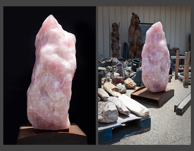 Rose quartz on welded iron stand. Brazil 